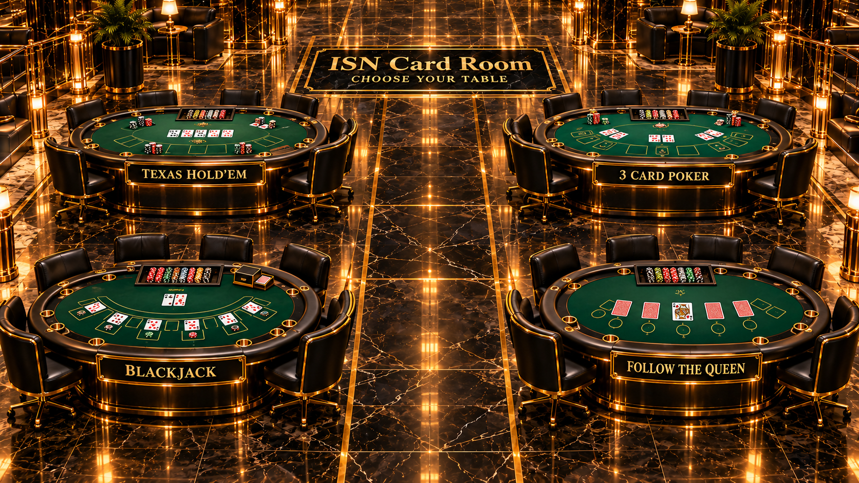 ISN black-and-gold card room