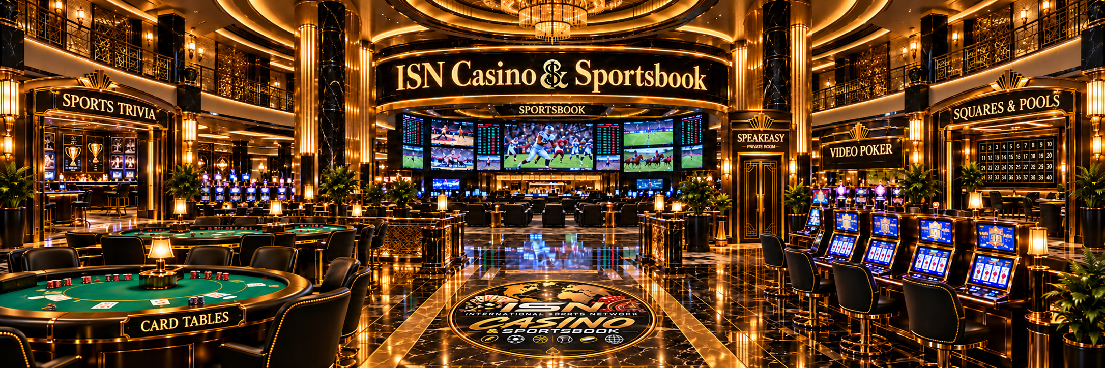 ISN Casino & Sportsbook panoramic lobby: select Arcade, Games and Trivia, Card Tables, Table Games, VIP Room, Sportsbook, Speakeasy, Video Poker and Slots, or Squares and Pools to enter that area